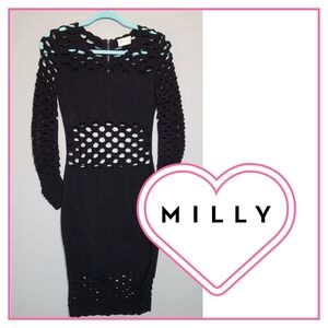 RARE FIND MILLY Large Fishnet Laser Cut Bodycon Party Cutout Black Dress Medium*